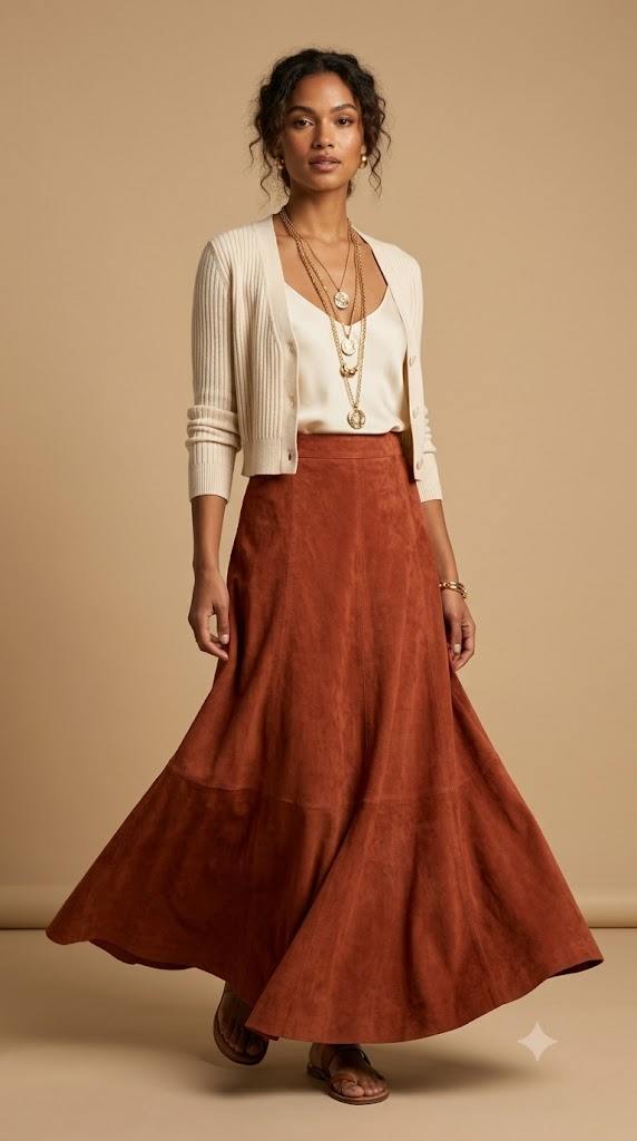 Terracotta Suede Maxi Skirt with Cream Cropped Cardigan